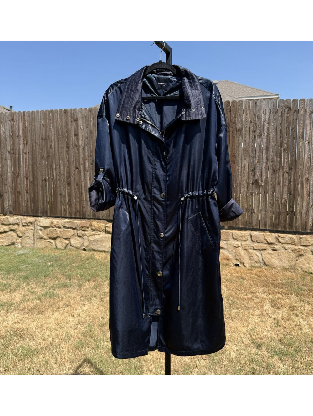 Vintage Guess Marciano Navy Satin Trench Coat w/ Adjustable Waist | Size 40